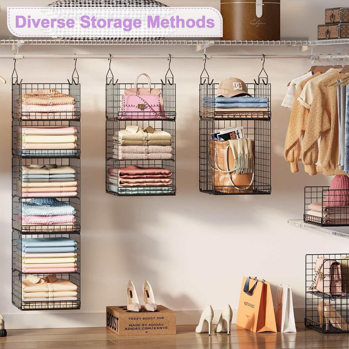 6 Tier Hanging Closet Organizers and Storage Stackable Hanging Closet Shelves with 4 Hooks 2 Adjustable Dividers, Wire Storage Basket Bins for Clothing Purse Sweaters Shoes Socks Dolls, Foldable