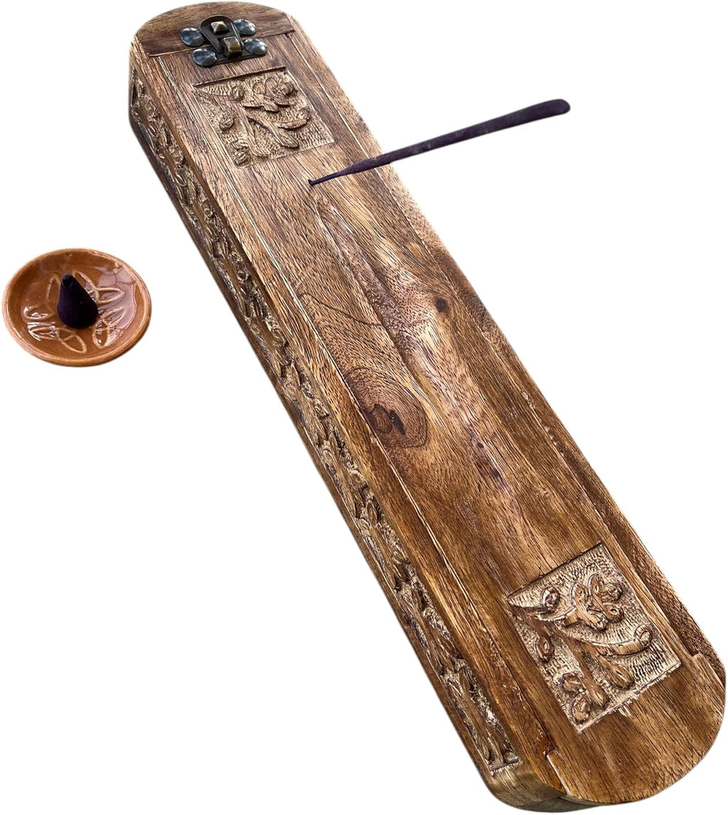 Handmade Wooden Incense Burner & Storage Box Set with 45 Incense Sticks & 21 Cones – Ayurveda Vata Pitta Kapha Aromatherapy Holder with Ceramic & Wooden Stand, Meditation Gift Set