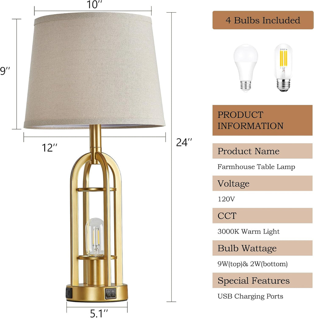 SRJJA 24" Modern Table Lamps for Living Room Bedroom Set of 2, USB A+C