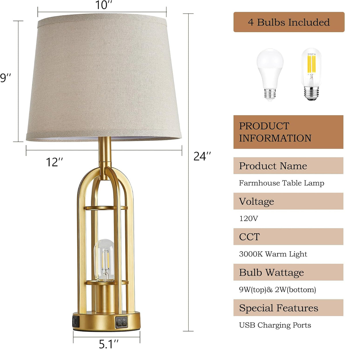 SRJJA 24" Modern Table Lamps for Living Room Bedroom Set of 2, USB A+C