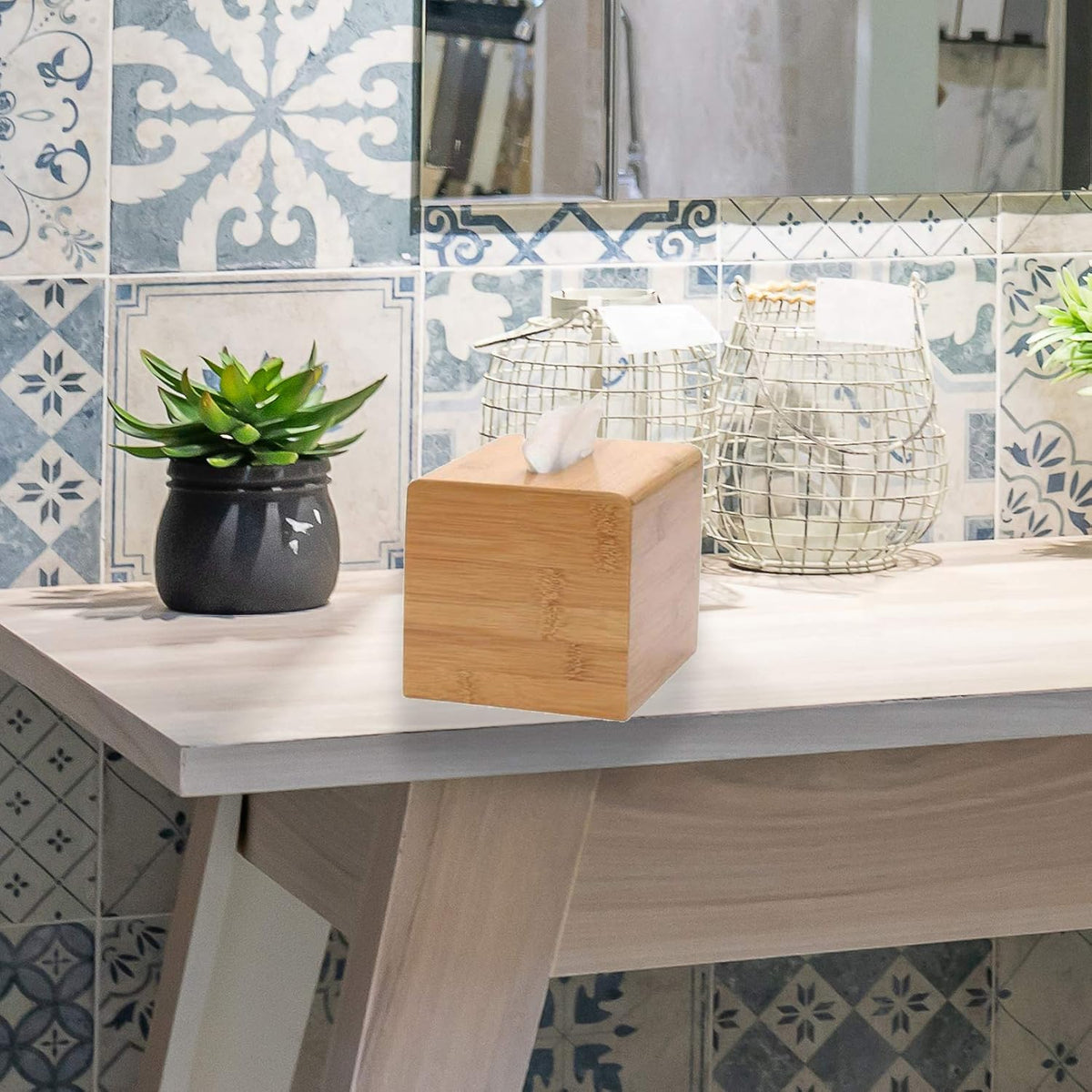 Performore Square Bamboo Tissue Box Cover, Water-Resistant Wood