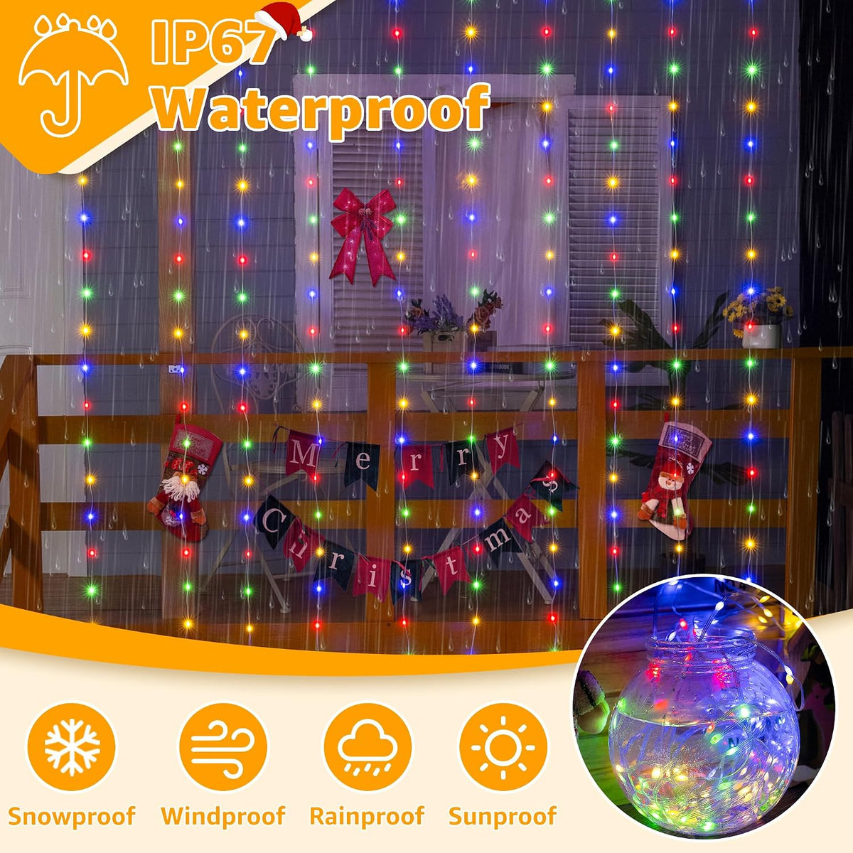 Ollny Curtain Lights 300 LED 9.8FT x 9.8FT, Connectable IP67 Waterproof