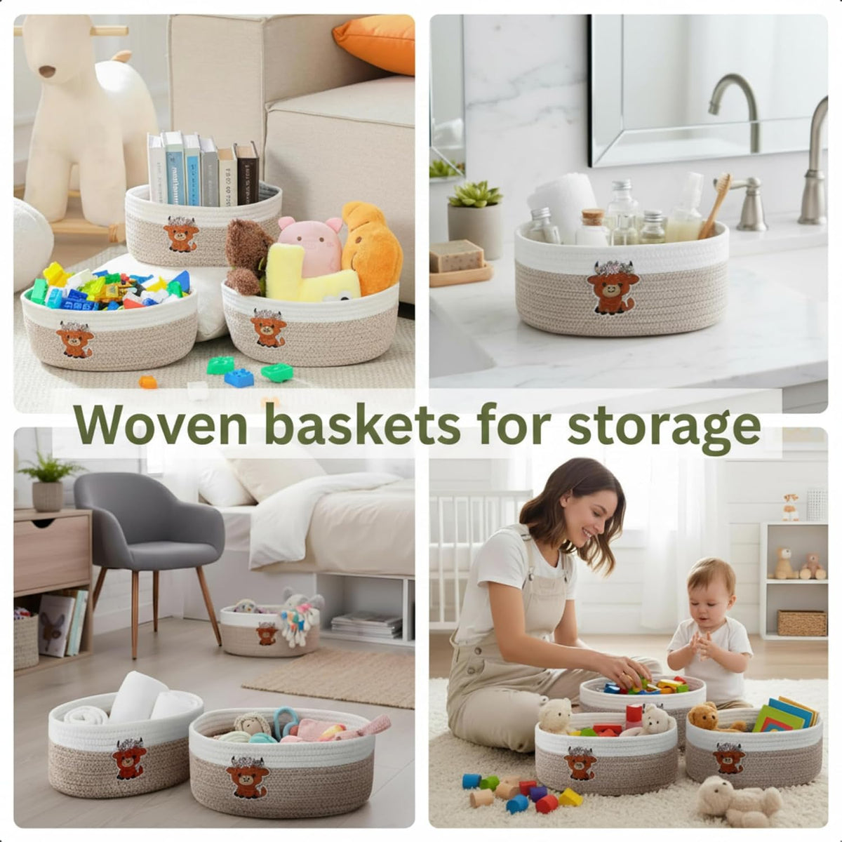 Geelin 3 Pcs Highland Cow Baskets for Gift Cute Farmhouse Brown Woven Rope Gift Baskets Shelf Organizer Laundry Hamper Storage Bin for Closet Bedroom Decor Nursery Toy Organizing, 11.8''x7.8''x4.7''