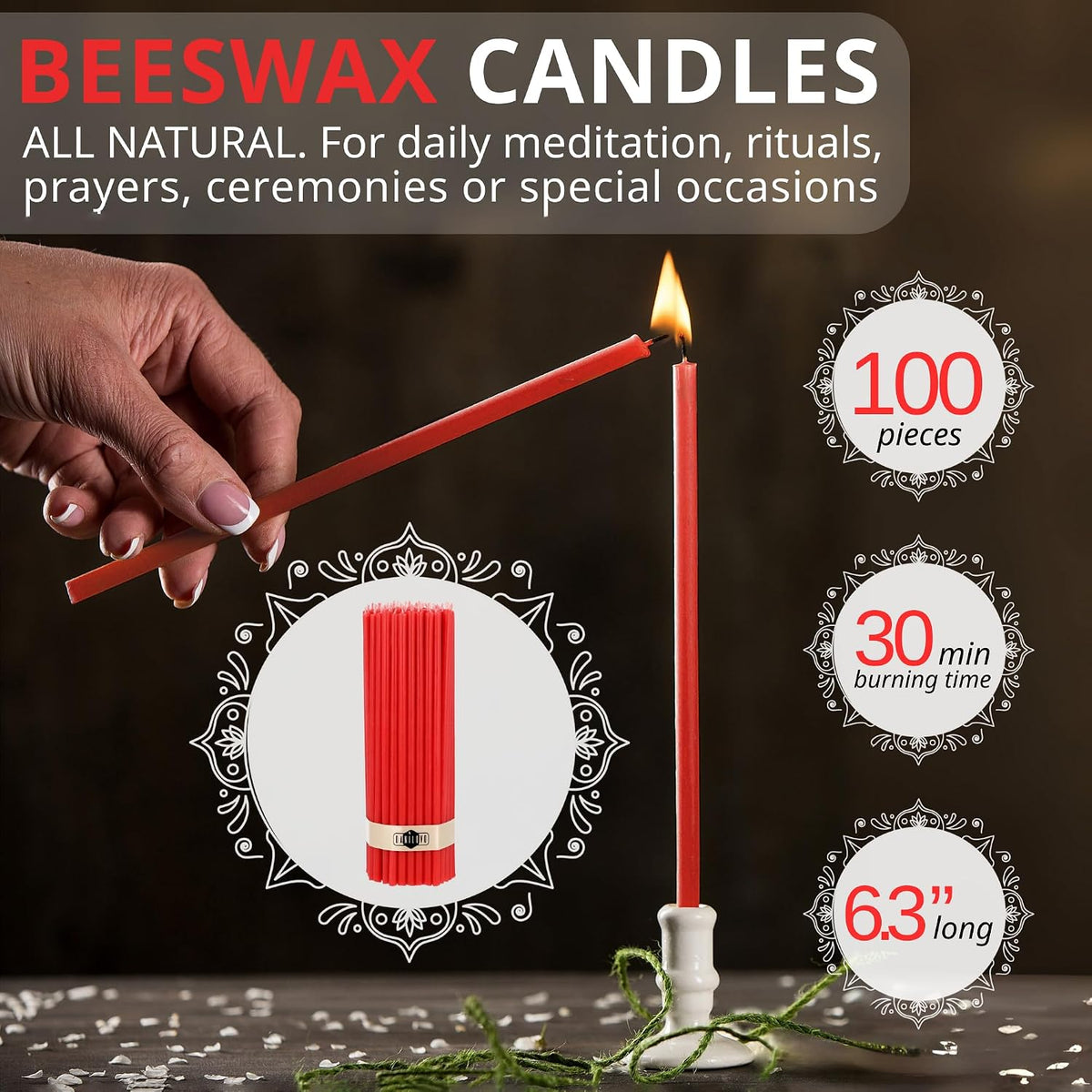 Danilovo Thin Taper Beeswax Candles - No-Drip, Smoke-Less, Tall, Decorative, Honey Scented Candles Ideal for Church Prayer, Rituals, Decor or Birthday – 6.3”x0.2” (Red, 100pcs)