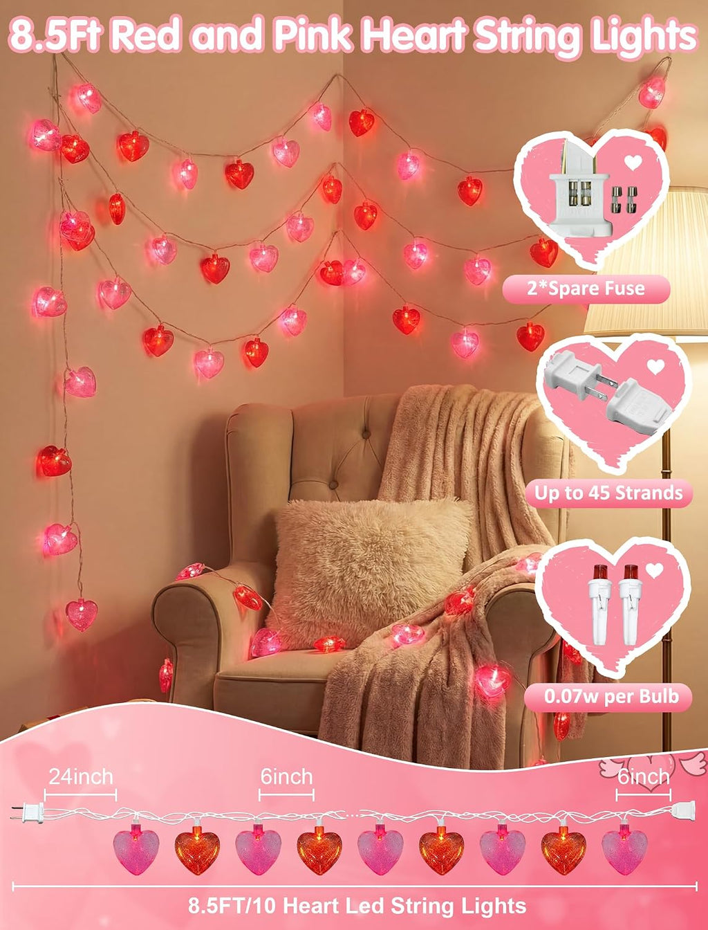 Oviejo Valentine Red & Pink Heart String Lights, 8.5FT Valentine's Day Decorations Lights with 10 Red Heart, Connectable Romantic Fairy Lights for Valentine, Wedding, Anniversary Party Decorations