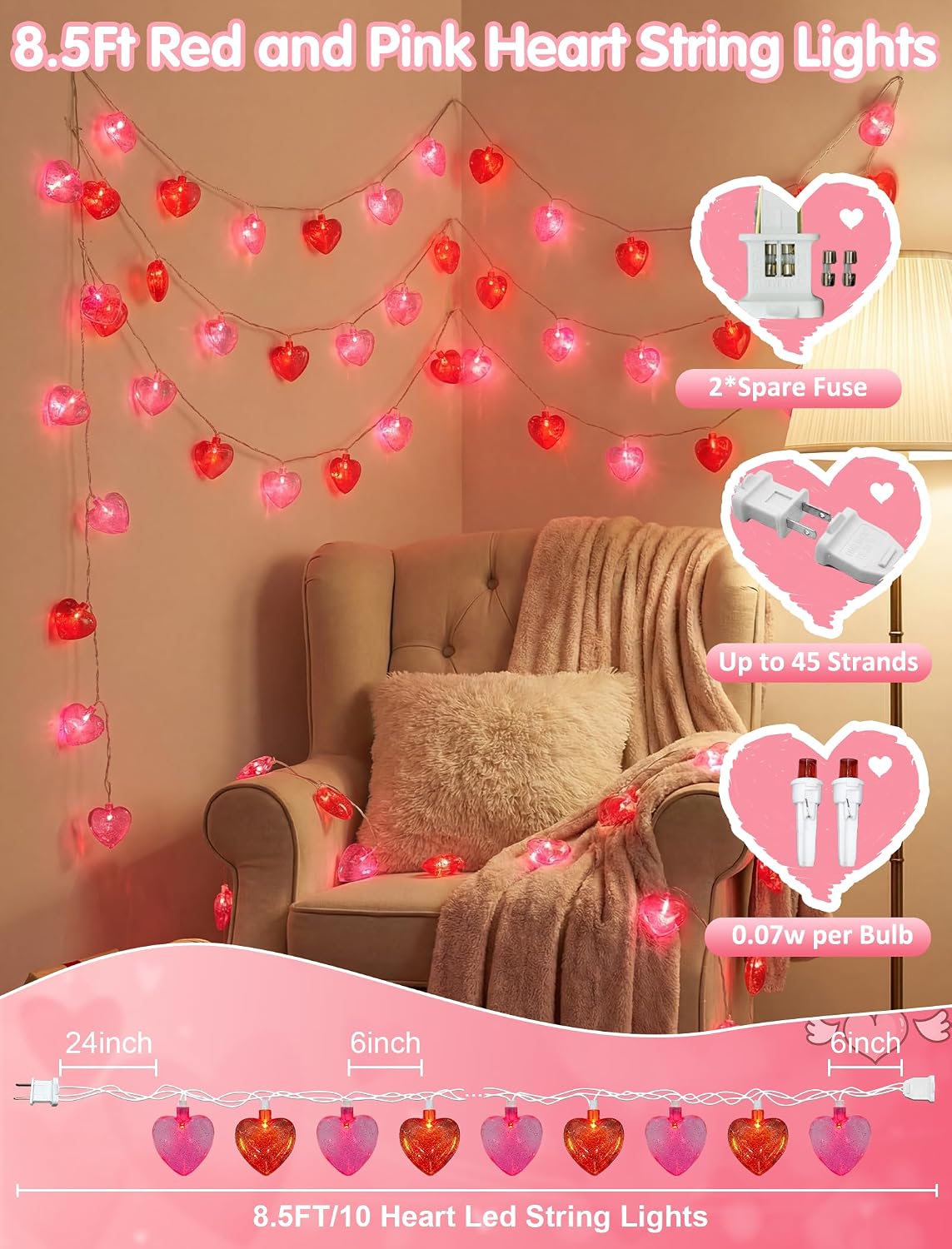 Oviejo Valentine Red & Pink Heart String Lights, 8.5FT Valentine's Day Decorations Lights with 10 Red Heart, Connectable Romantic Fairy Lights for Valentine, Wedding, Anniversary Party Decorations