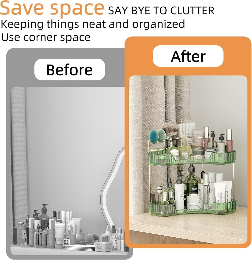 2 Tier Corner Bathroom Organizer Countertop, Vanity Makeup Organizer with Brush Holder, Space-Saving Skincare Storage Corner Shelf for Bathroom, Dressing Table, Kitchen