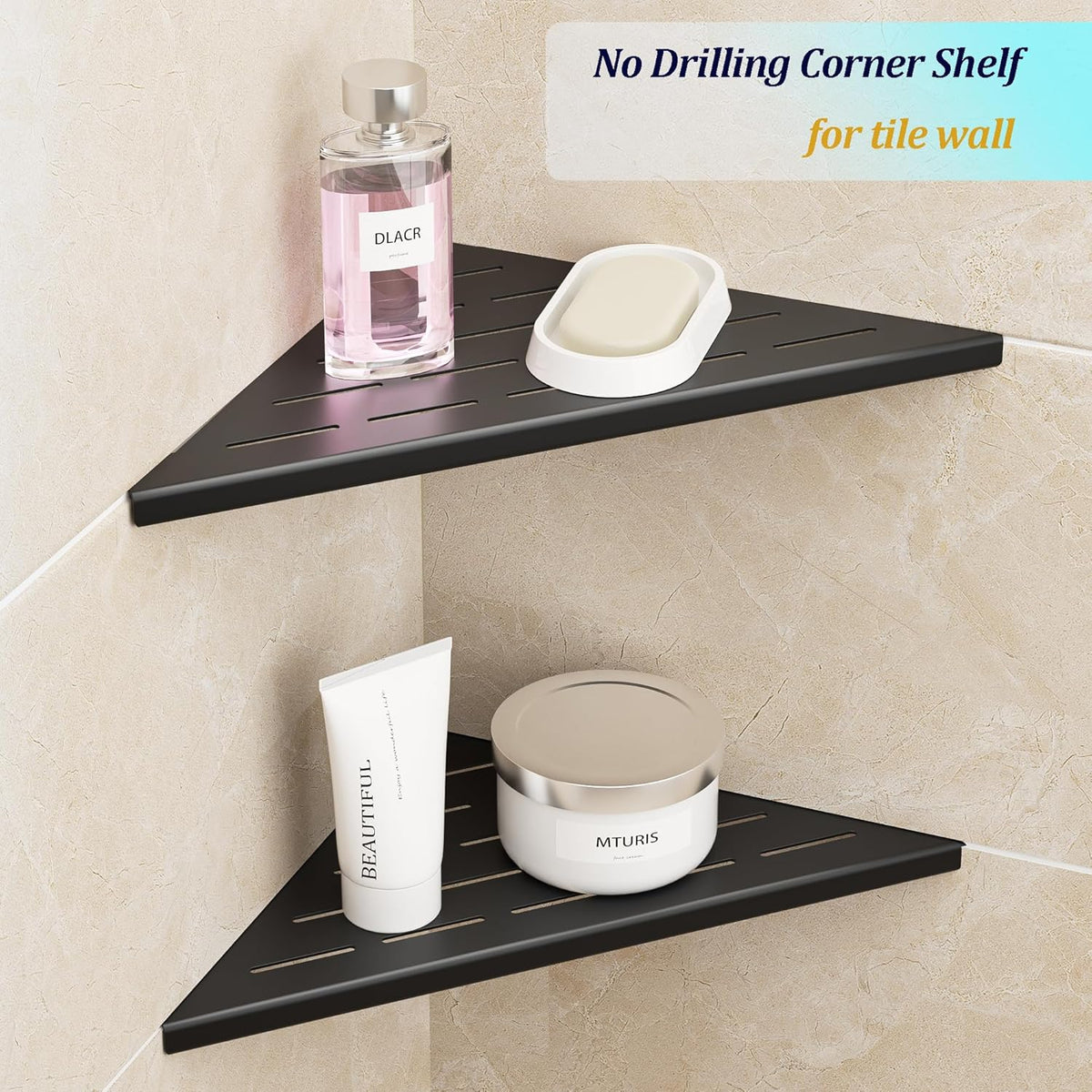 Neodrain 12 Inch Black Corner Wall Shelf for Tile Wall Insert, Set of 2