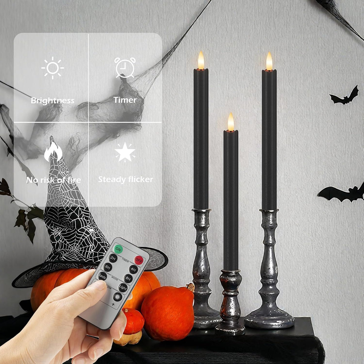 JOIONE Halloween Black Flameless Taper Candles with Remote Set of 3