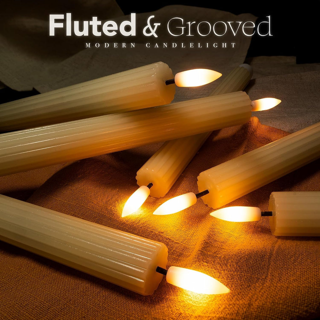 10" Fluted Ribbed LED Ivory Grooved Real Wax Taper Candles, Remote & 24h Timer Memory, On/Off Switch - Flameless Dimmable Battery Operated w/Flicker Mode, Home Wedding Decor (6 Pack)