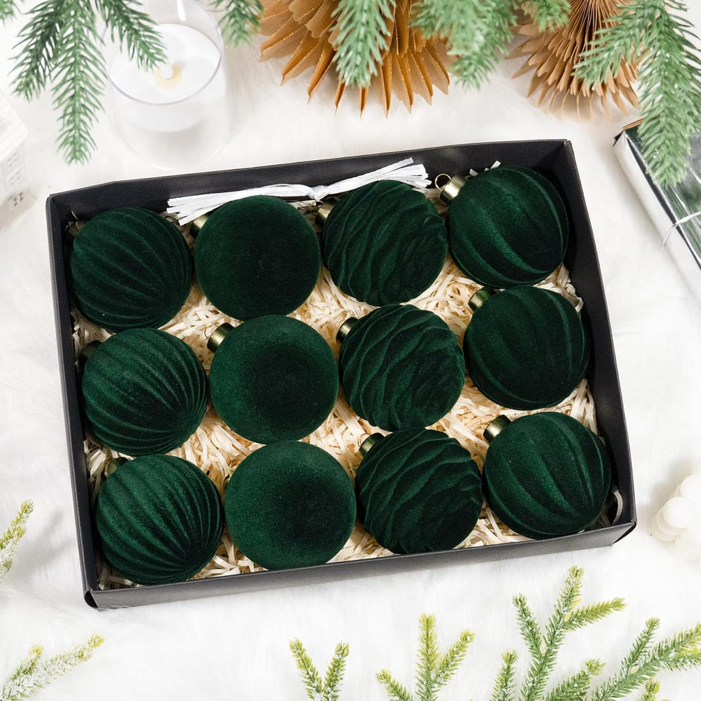 Hismir 12 Pcs 3.15 Inch Velvet Christmas Tree Ornaments Bulk Flocked Balls