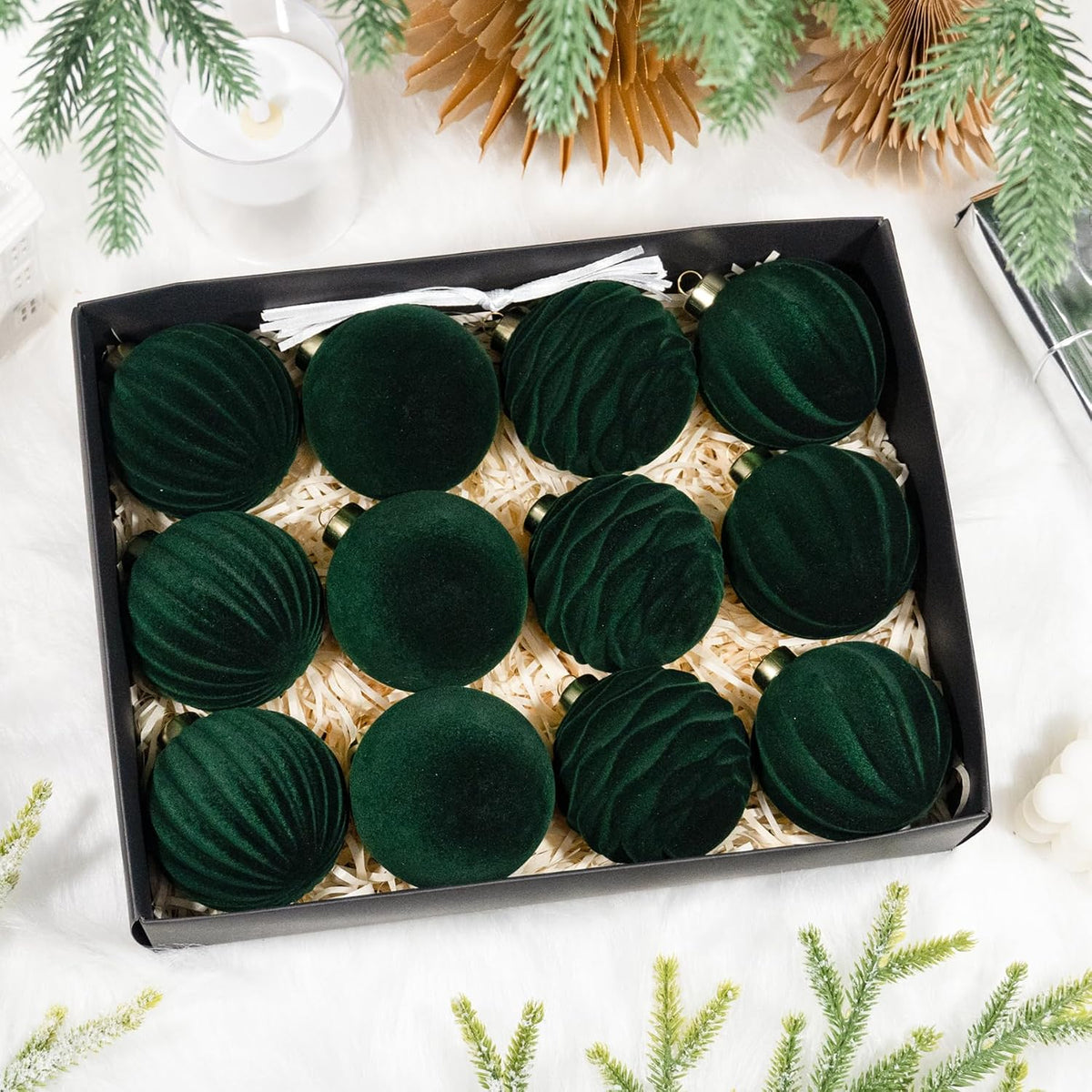 Hismir 12 Pcs 3.15 Inch Velvet Christmas Tree Ornaments Bulk Flocked Balls