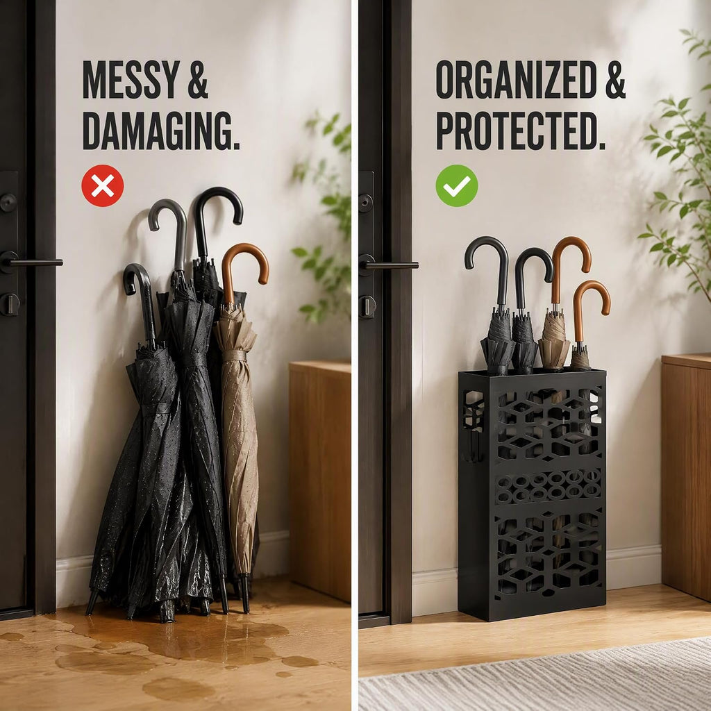 ZENFUN Rectangle Metal Umbrella Stand with 2 Hooks, Entryway Umbrella Holder & Walking Cane Storage, Umbrella Organizer Freestanding for Home, Office, Hotel, Black