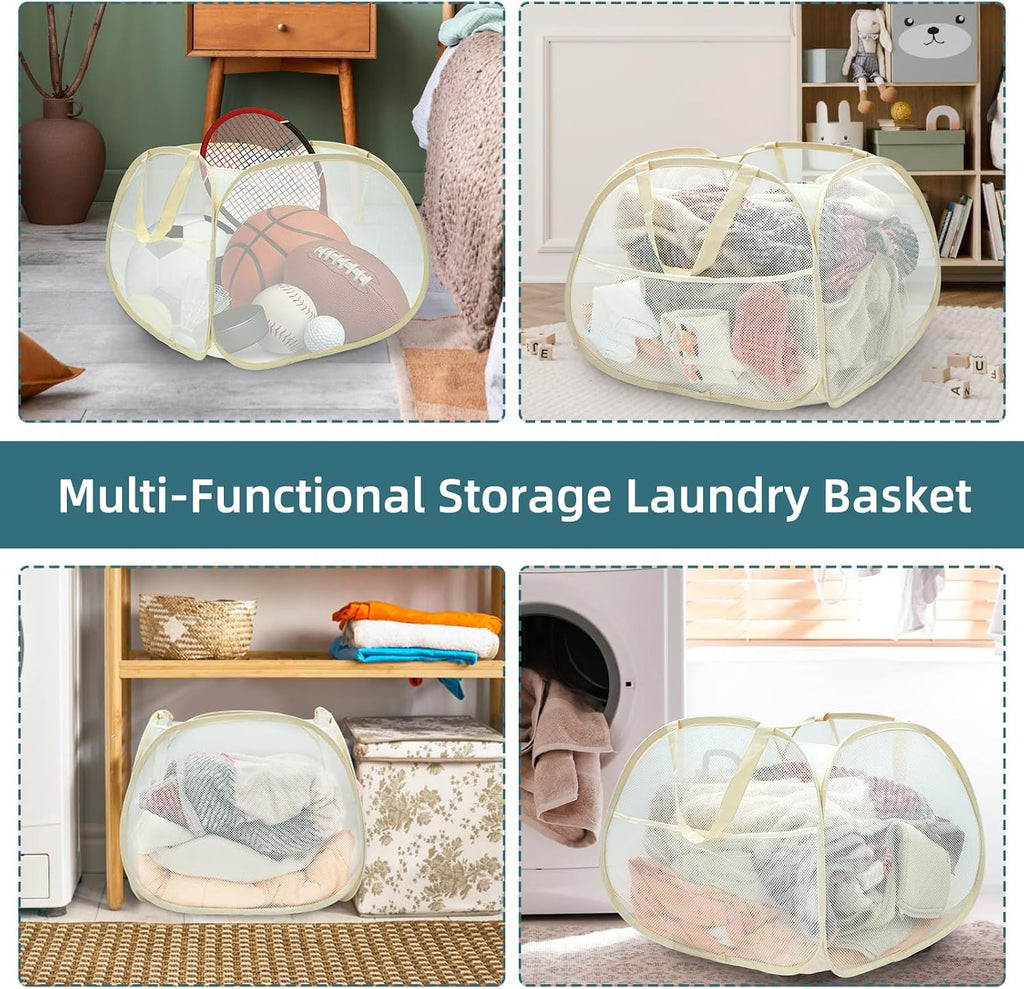 Collapsible Laundry Baskets, 90L Large Foldable Laundry Basket, Durable Mesh Pop Up Hampers for Laundry, Dirty Clothes Laundry Hamper for Bedroom, Bathroom, Dorm, Laundry Room, Travel, Camping Beige