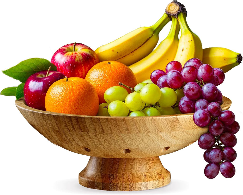 Wooden Fruit Bowl for Kitchen Counter, Bamboo Pedestal Fruit Basket, Vented