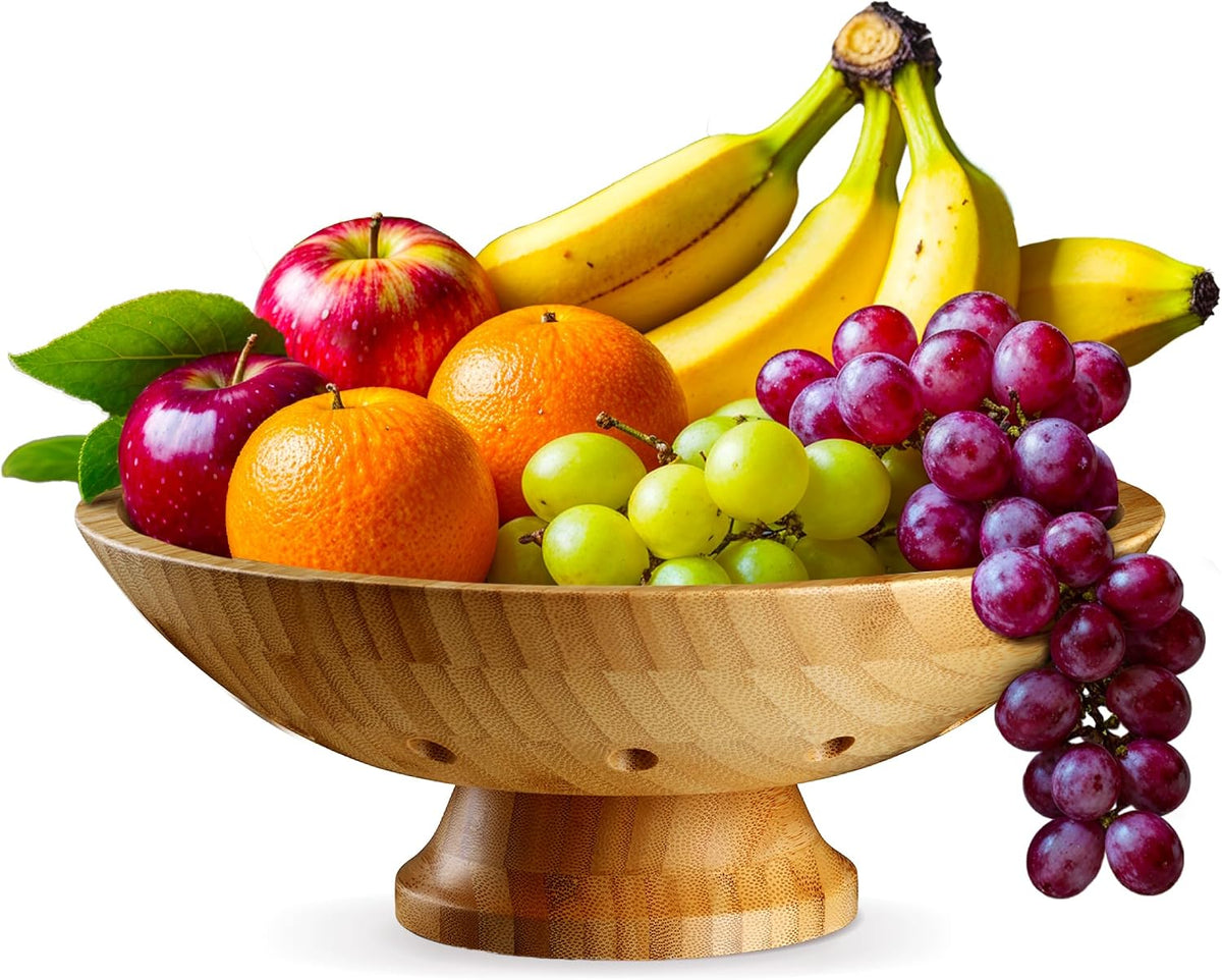 Wooden Fruit Bowl for Kitchen Counter, Bamboo Pedestal Fruit Basket, Vented