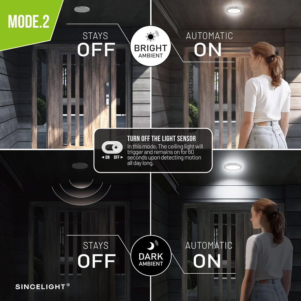 SINCELIGHT PIR Motion Sensor 18W LED Ceiling Light (Φ9''/220mm), Automatically ON/Off, Movement Activated, Dual Mode Turnable, Cool White 6000K, Surface/Flush Mount for Hallway,Porch, Pack of 1