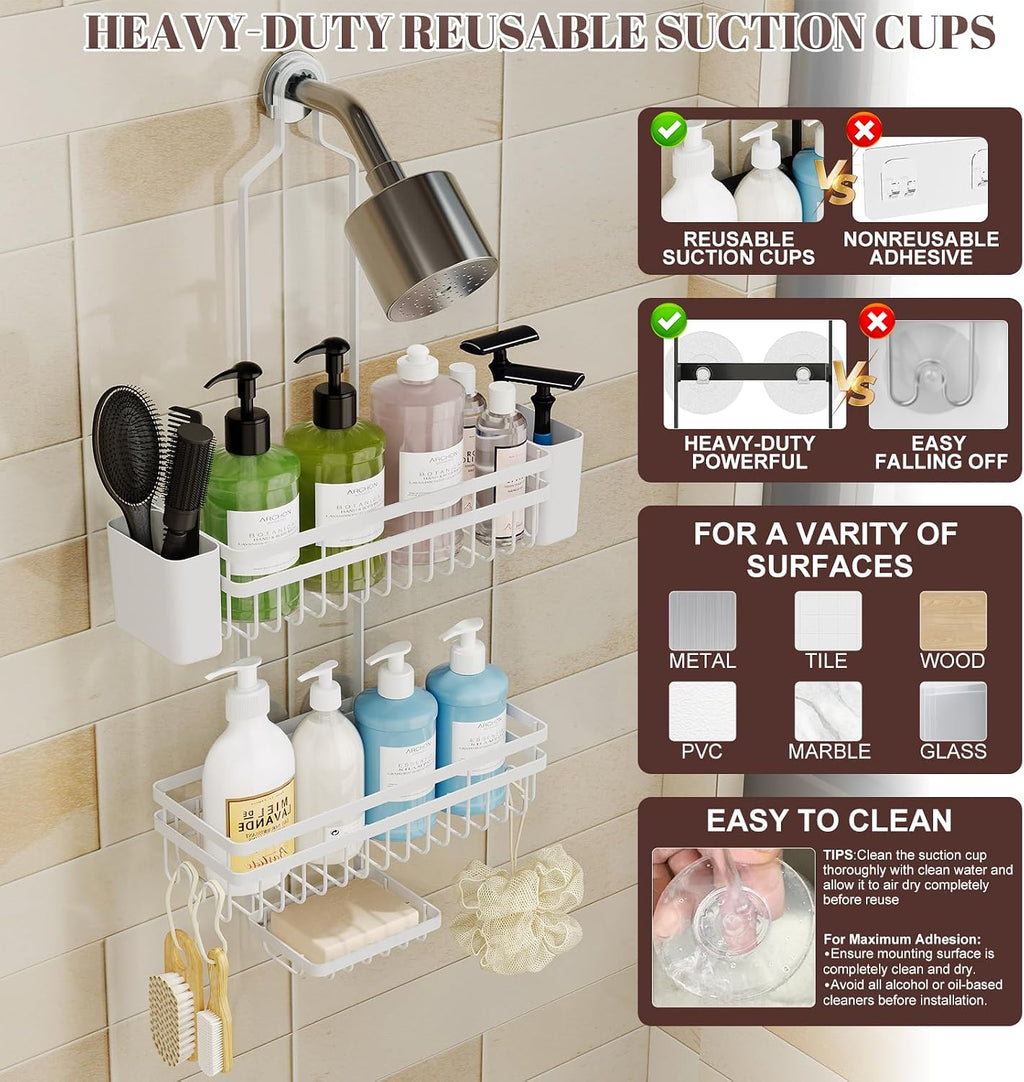 Shower Caddy Hanging for Bathroom Organizers and Storage, 3 Tier Adjustable Anti-Swing Shower Organizer hanging with Heavy-Duty Suction Cups, Damage-Free Rustproof (White)