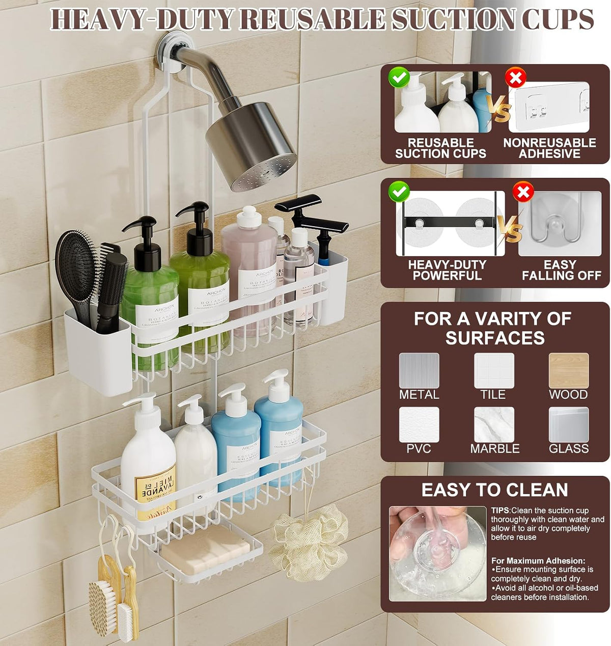 Shower Caddy Hanging for Bathroom Organizers and Storage, 3 Tier Adjustable Anti-Swing Shower Organizer hanging with Heavy-Duty Suction Cups, Damage-Free Rustproof (White)