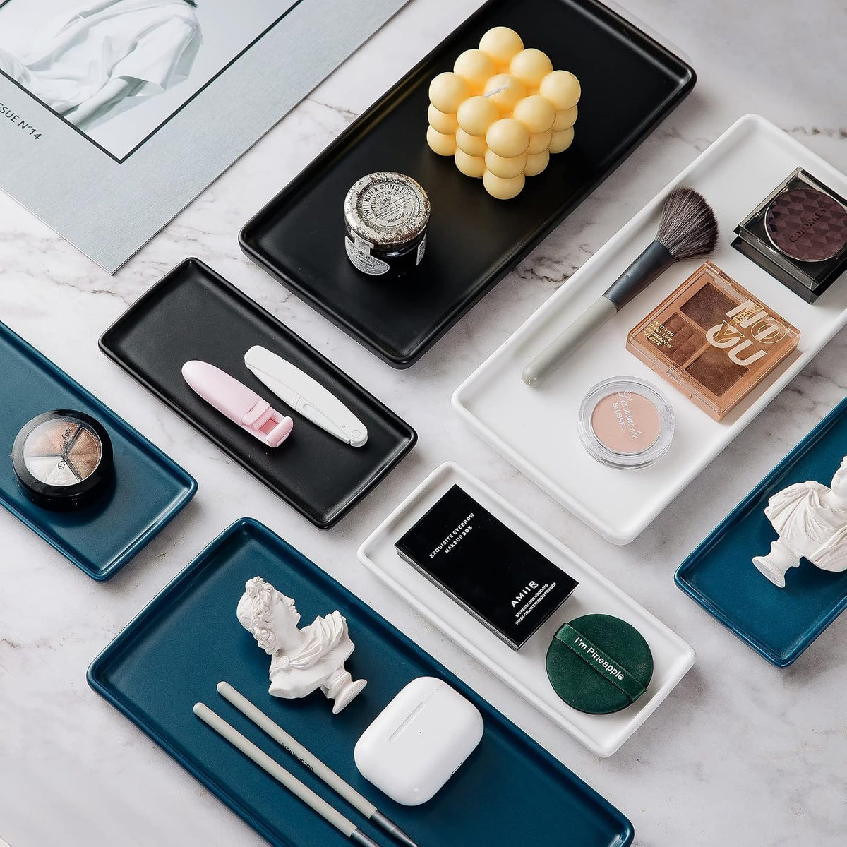 Ceramic Bathroom Tray, Modern Countertop Vanity Organizer, Porcelain Rectangular Soap & Perfume Tray, Water-Resistant Dresser Jewelry Dish, 10",Black, 2 Pack