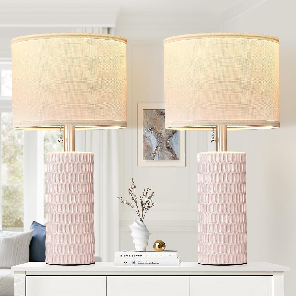 Reaketon Modern Ceramic Table Lamps Set of 2, Lamps for Nightstands, Pink