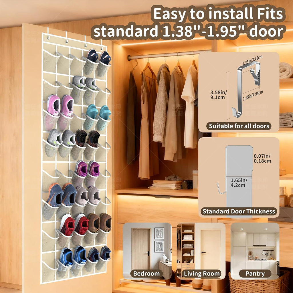 Over the Door Shoe Organizer with 40 Large Pockets, Multi-Purpose Storage for Shoe and Accessories, Durable Fabric with Adjustable Hooks for Home Closet Bedroom Entryway -Beige