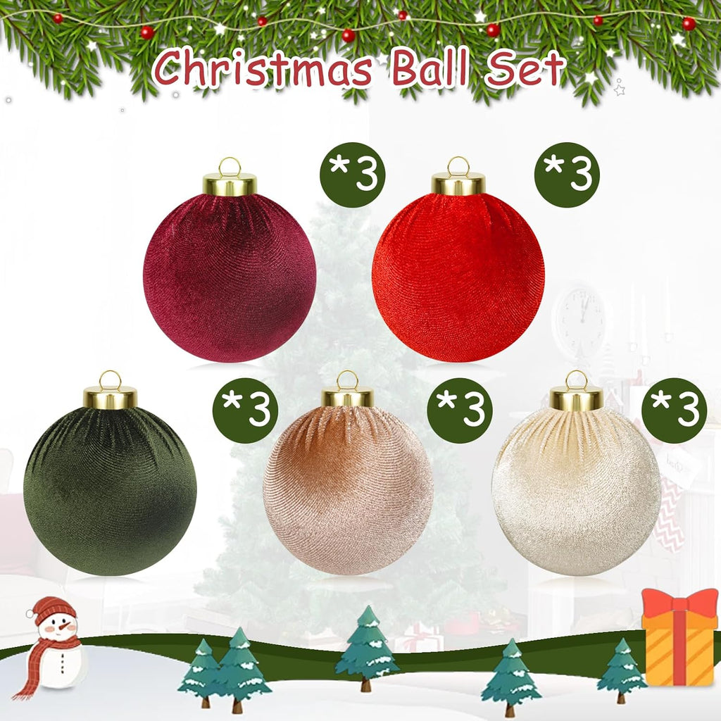 15 Pcs 3.15" Velvet Christmas Ornaments Balls, Xmas Tree Decor-Red