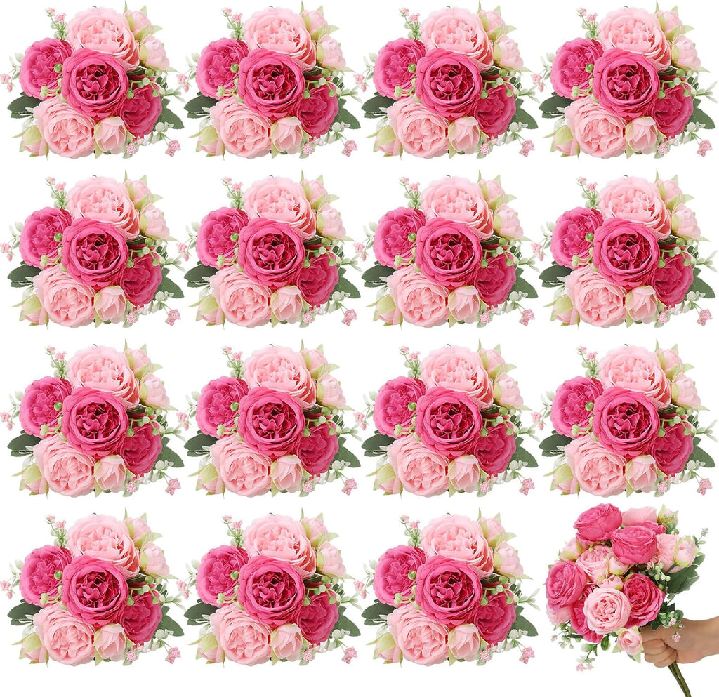 16 Pack Pink Hot Pink Peonies Artificial Flower Hydrangea Bouquet