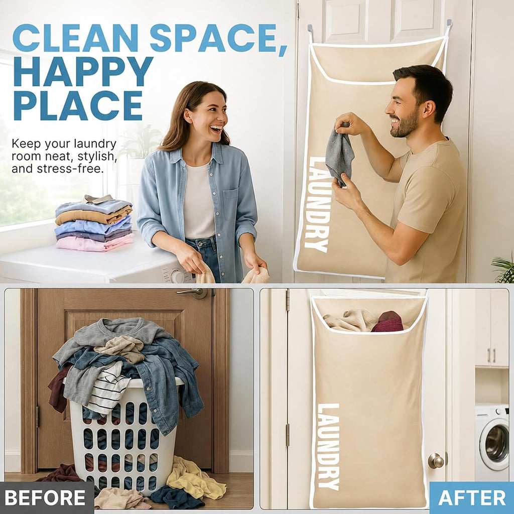 Hanging Laundry Hamper Bag,Space Saving over the Door Storage Bags – Behind the Door Hampers for Dirty Clothes, Wall Mounted Basket for Bathroom (Beige, 2-Pack)