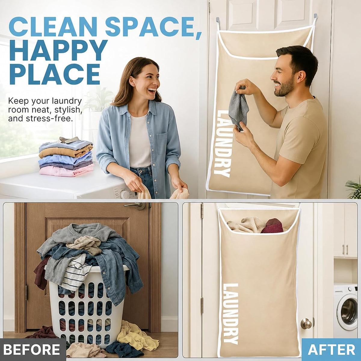 Hanging Laundry Hamper Bag,Space Saving over the Door Storage Bags – Behind the Door Hampers for Dirty Clothes, Wall Mounted Basket for Bathroom (Beige, 1-Pack)