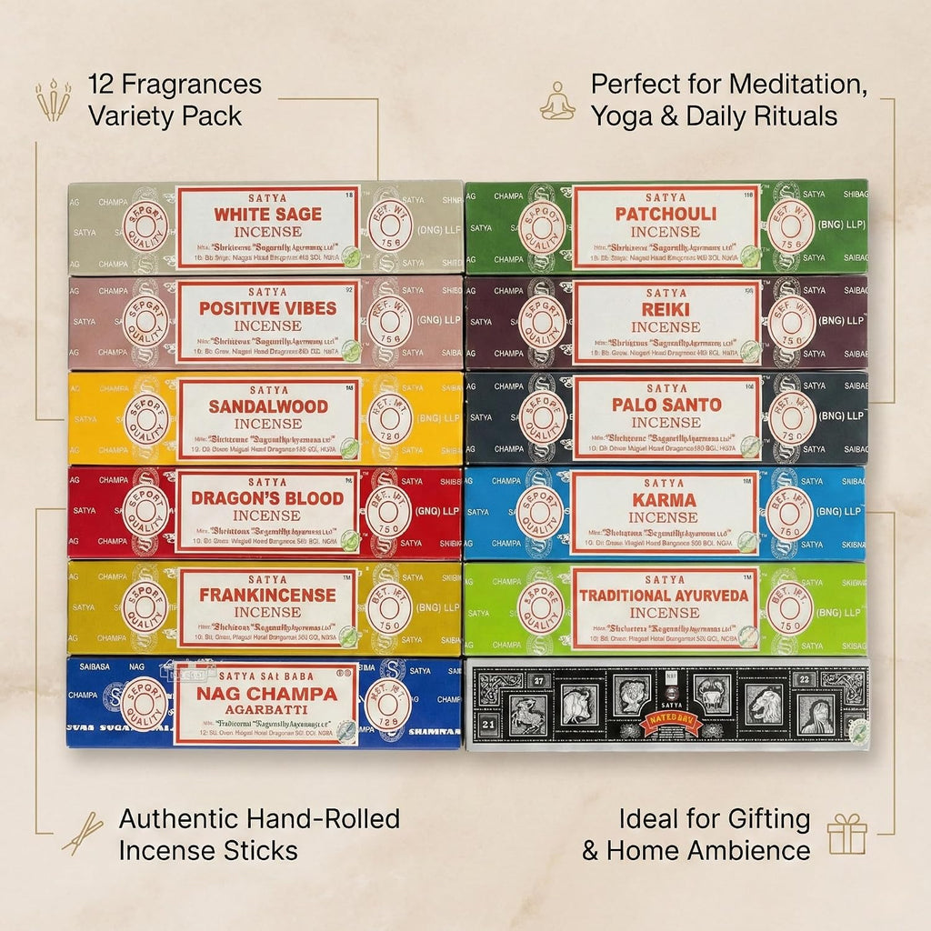 Earth Satya Assorted Masala Incense Sticks 12 Pack (15g Each) Nag Champa & Sandalwood Variety Set, Natural Hand Rolled Agarbatti for Relaxation & Aromatherapy