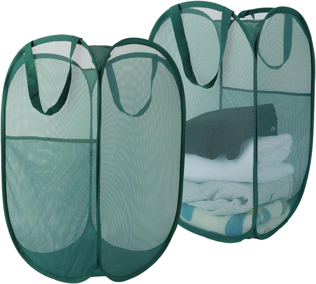 Upgraded 100L Extra Large Collapsible Laundry Baskets, 2 Pack XL Mesh Pop Up Laundry Hamper with Handles, Portable Travel Laundry Basket, Foldable Hamper. Green