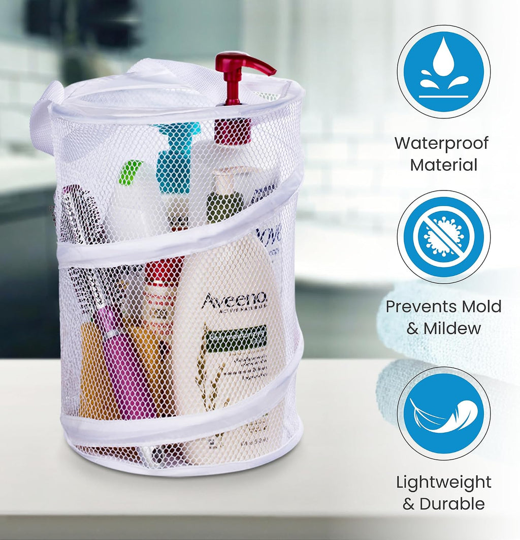 Handy Laundry Portable Shower Caddy – Foldable Mesh Organizer with Handle, Quick Dry, Large Compartments, Drainage Hole, Ideal for Dorm, College, Gym, Travel, Camp – White
