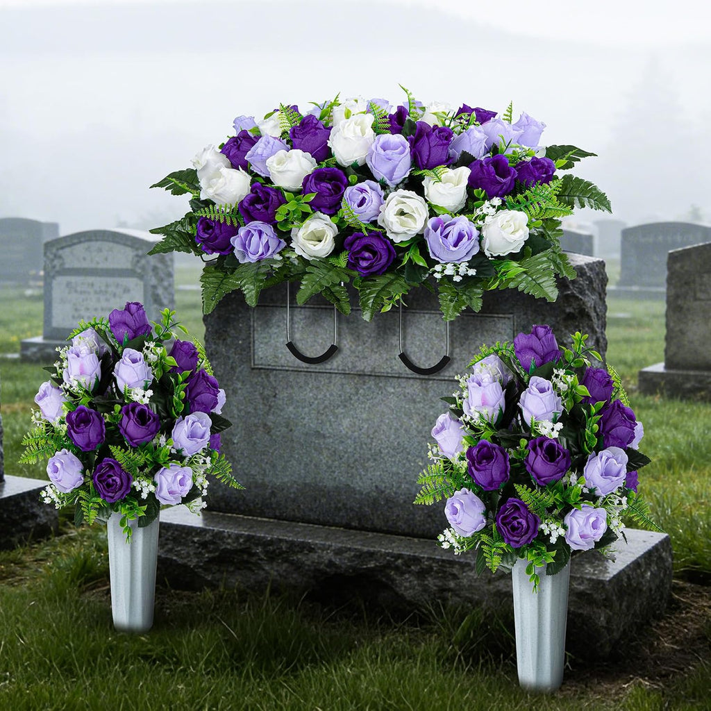 XONOR Artificial Cemetery Flower Saddles, Cemetery Memorial Flowers with Vase for Grave Tombstone Decorations (Purple White)
