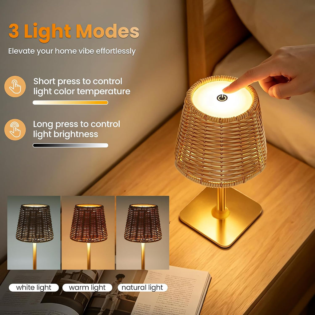 Waterproof Outdoor Rechargeable Cordless Table Lamp with Wicker Shade, Battery Operated Portable Table Light with Adjustable Height Pole, for Patio Restaurant Kitchen Dinner (Gold)