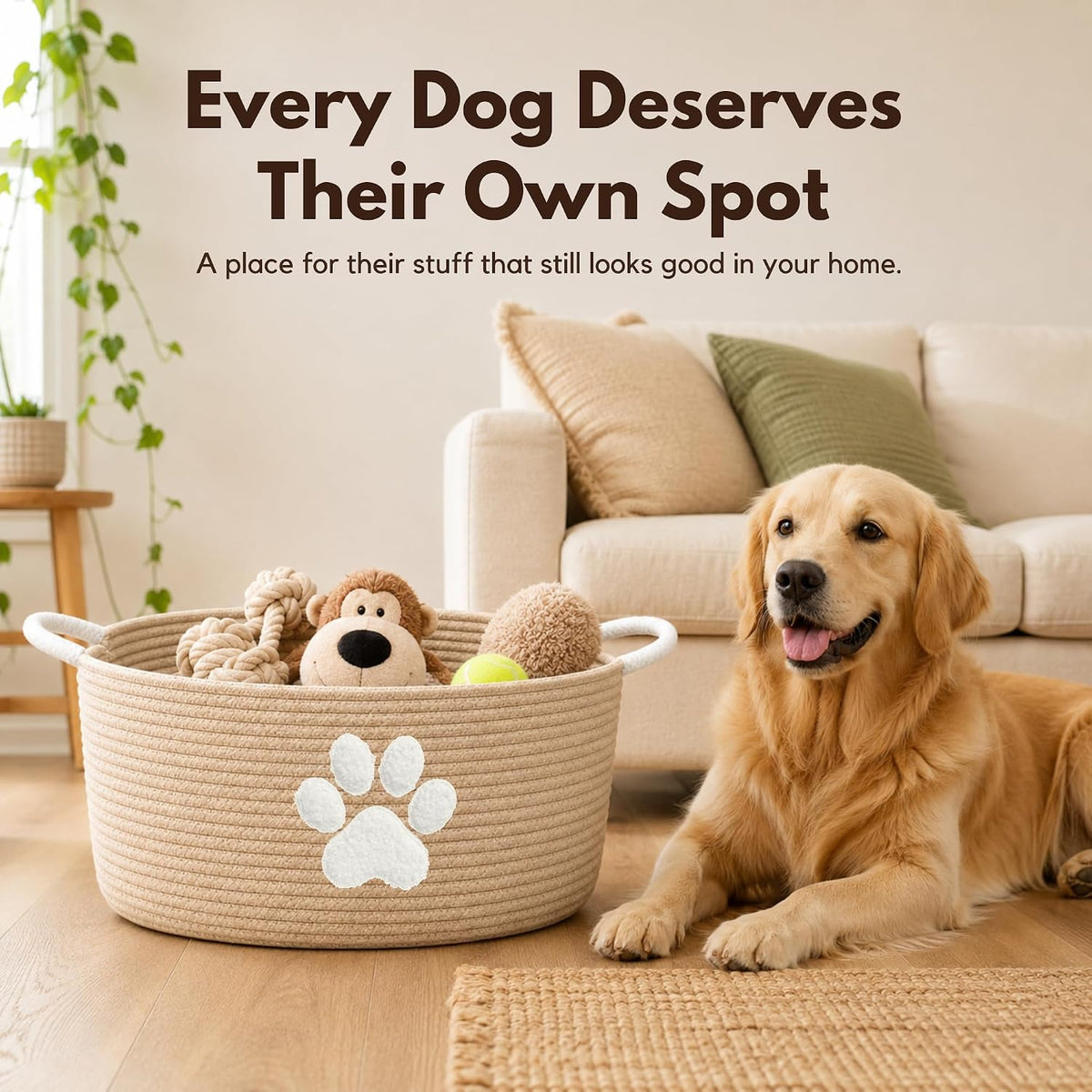 Dog Toy Basket with Handles, Boho Cotton Rope Storage Bin Organizer