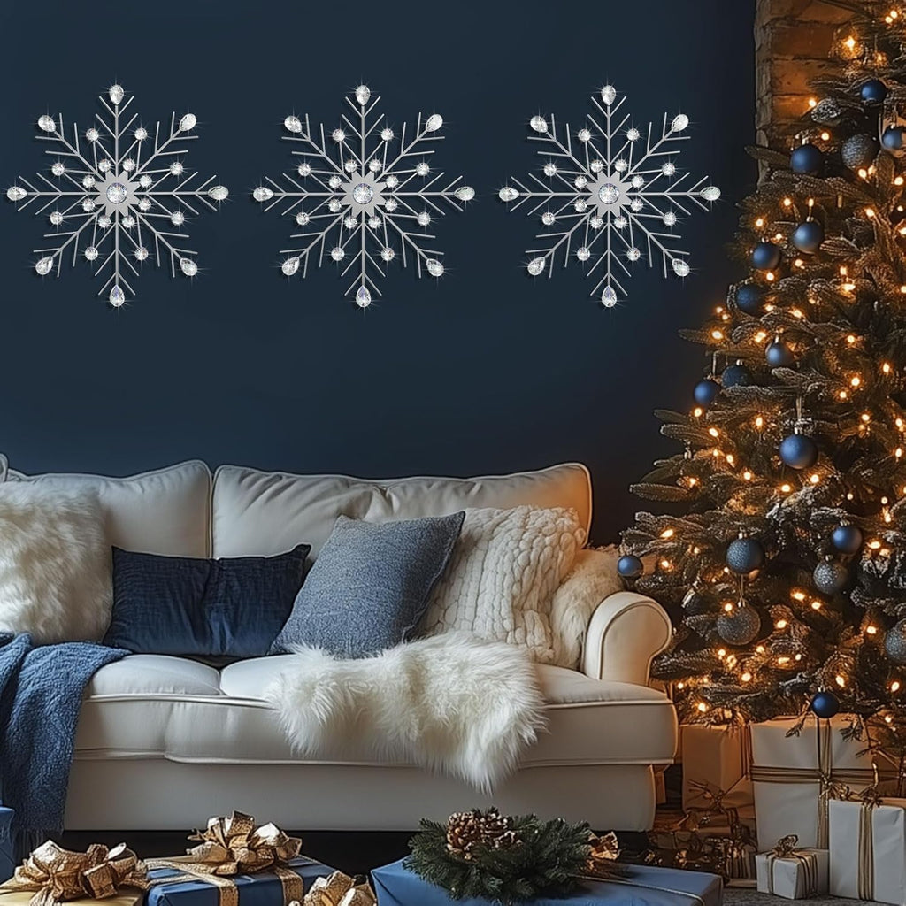 ZEXUIRU 3 Set Snowflake Wall Decor Living Room Bedroom Entryway Metal Bling, Crystal Rhinestone Starburst Sunburst Sparkling Wall Art Decor Silver Metal Christmas Decoration-Silver 13in