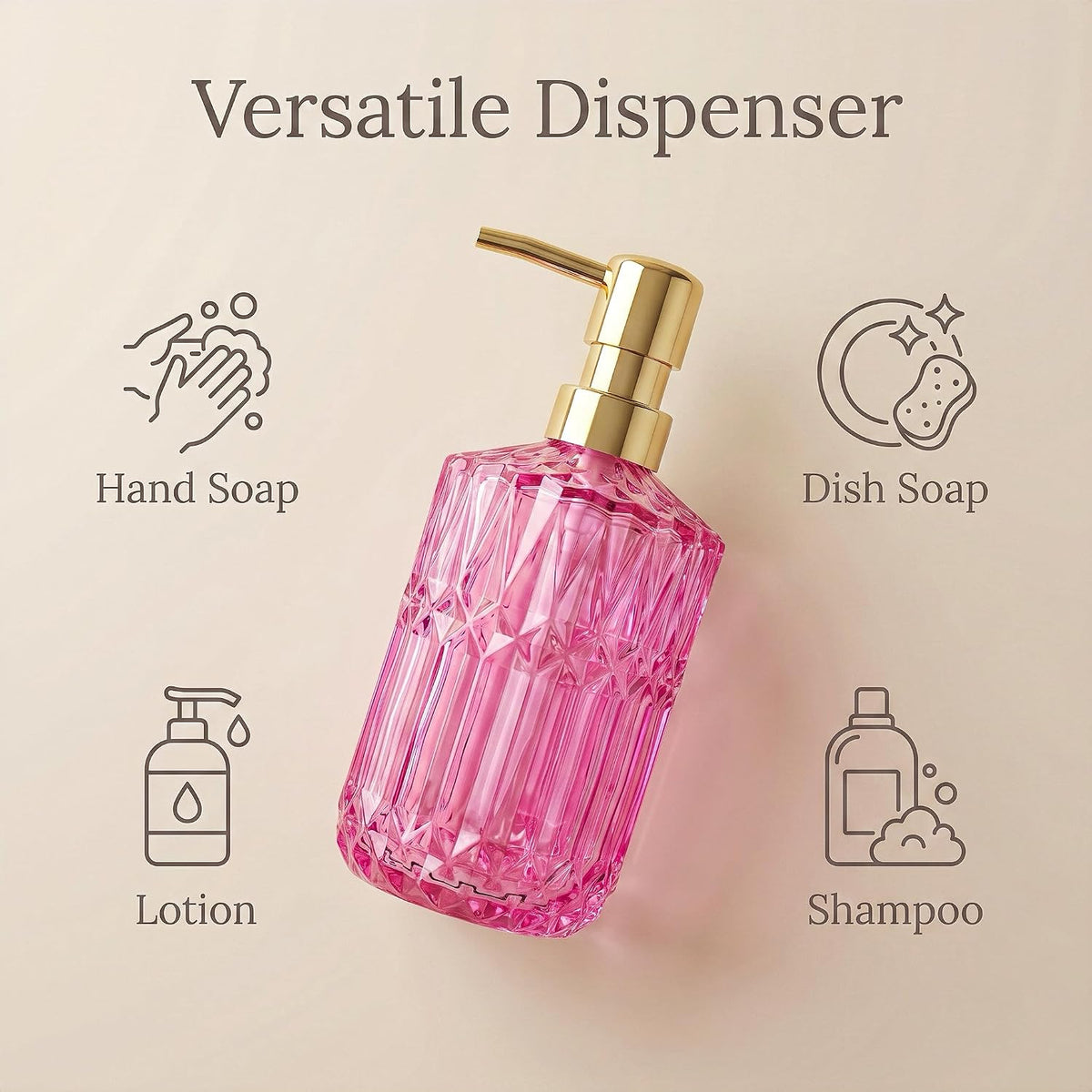LaMarriti Pink Glass Soap Dispenser with Gold Rust Proof Pump, Refillable Thick Glass Kitchen Soap Dispenser, Lotion Dispenser Bathroom for Hands Soap, Dish Soap, Body Wash