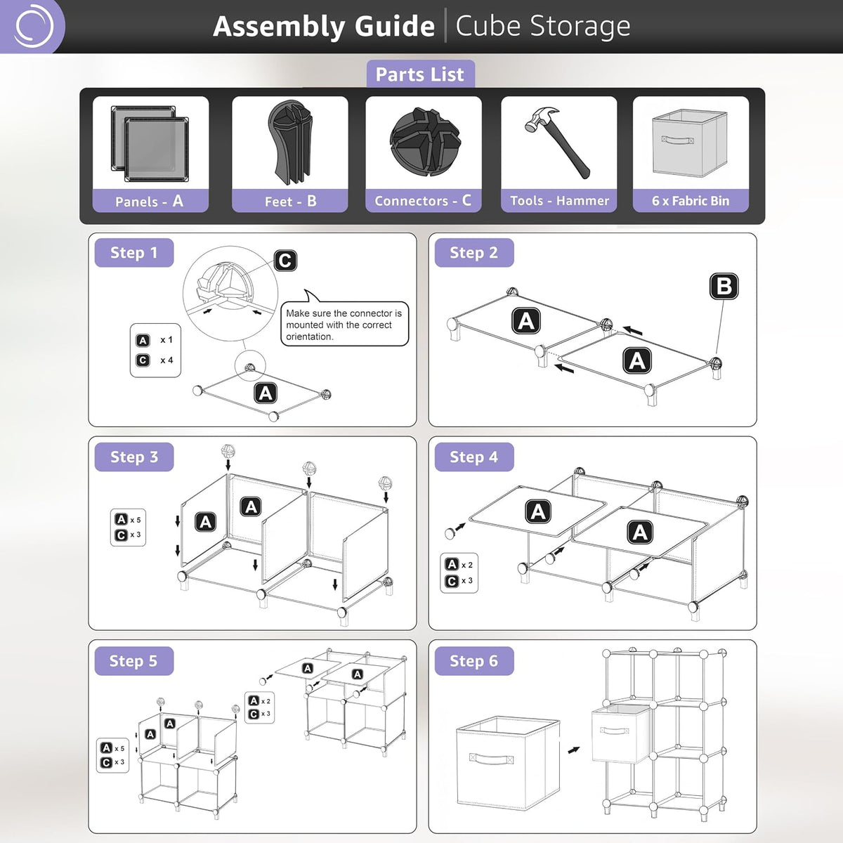 Sorbus 6 Cube Storage Organizer with 6 Fabric Bins (Clear)