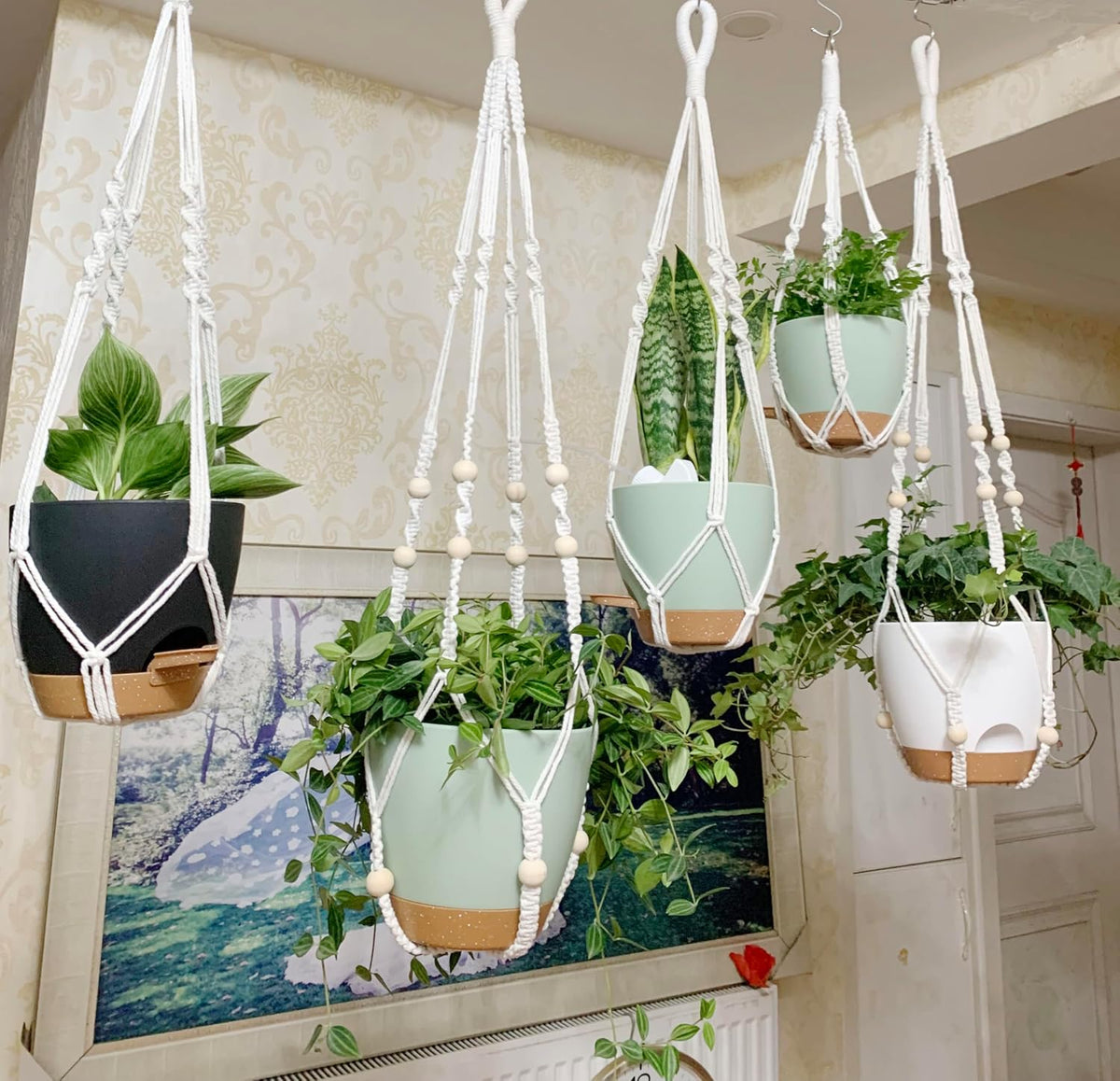 Hanging Planters with Macrame Plant Hangers for Indoor Outdoor Plants, 3 Set Hanging Baskets Flower Pots Holders 35''/27''/21'', Self-Watering Pots 7''/6''/5.5'', Boho Home Decor, Green