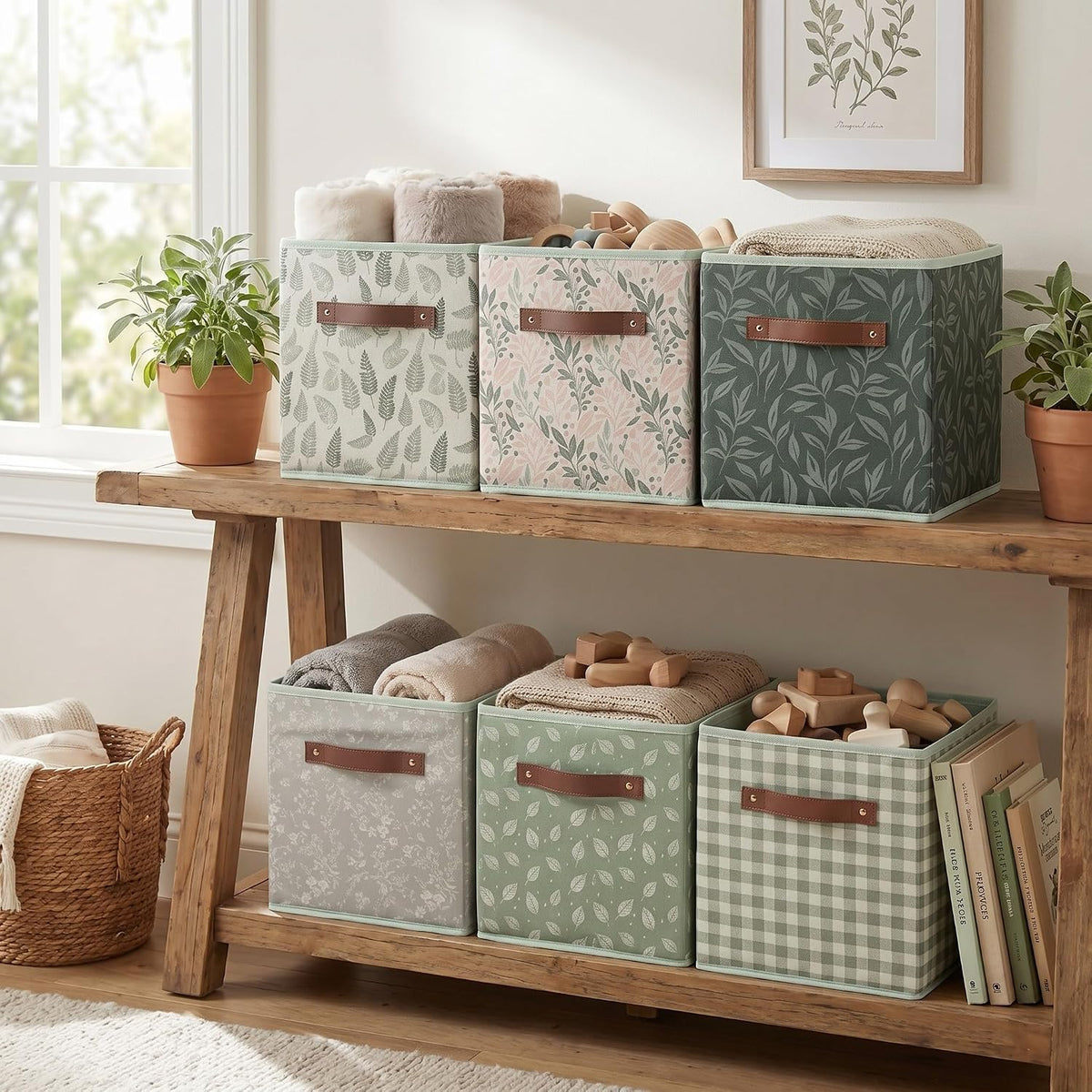 Patelai 6 Pcs Sage Green Cube Storage Bins 11 Inch with Leather Handle