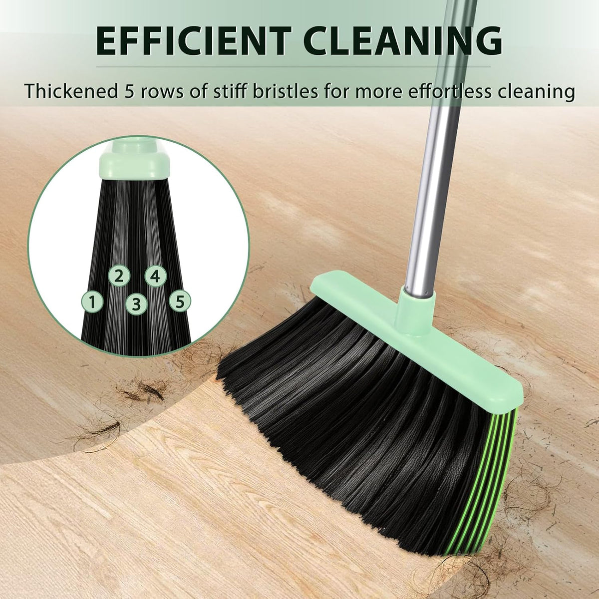 YZO Broom and Dustpan Set, 54.33 Inch Long Handle Standing Design, Dustpan Front Rubber Tight Seal, Broom with 5 Layer Bristles, Suitable for Living Room, Bedroom, Yard, Office (Green)