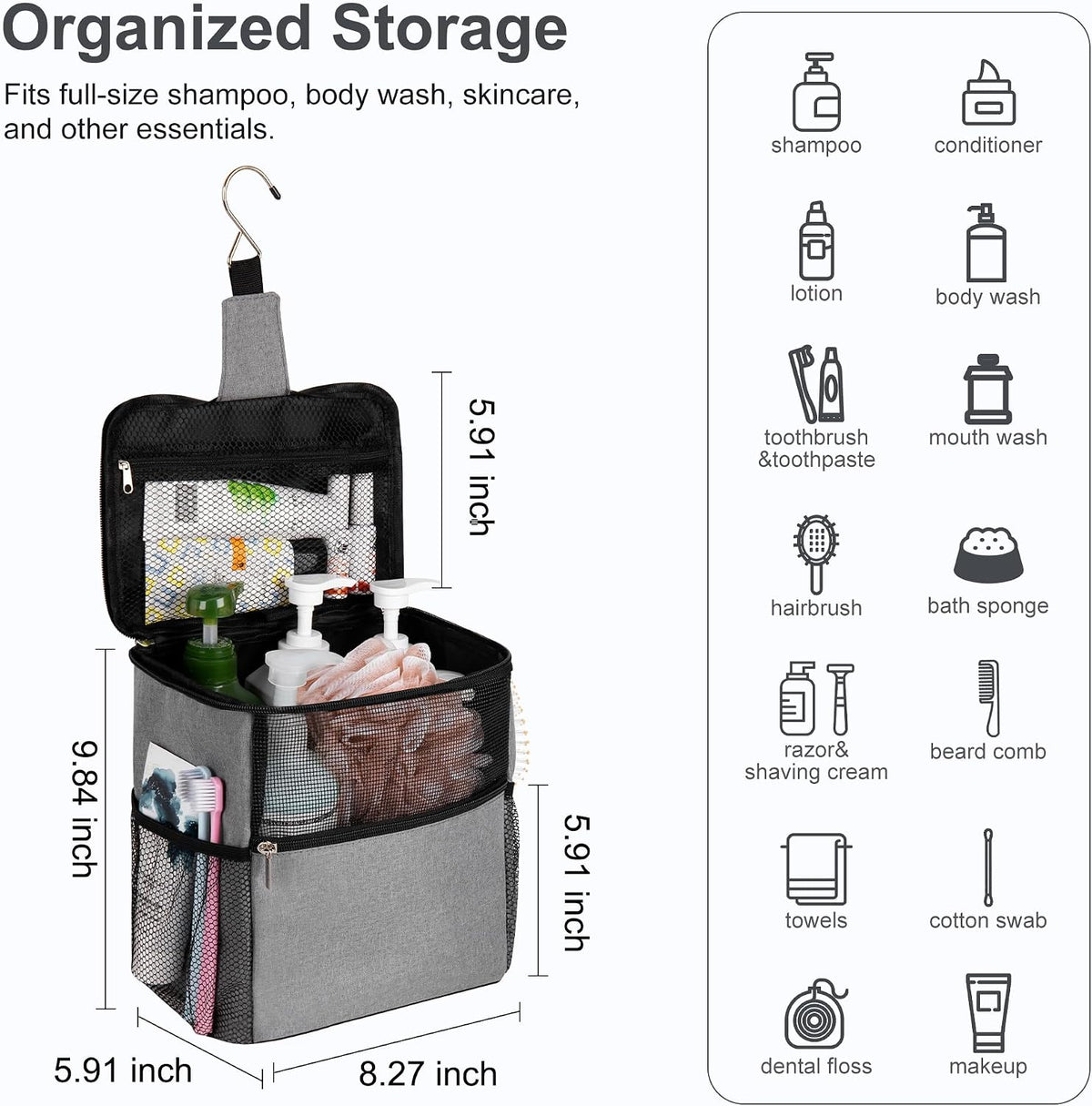 Mesh Shower Caddy Hanging for College Dorm Essentials Grey