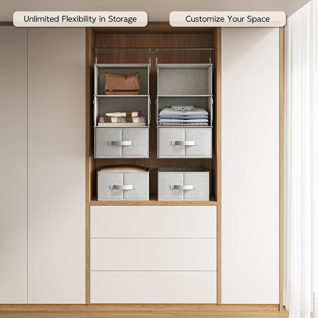 2 Pack 3-Shelf Hanging Closet Organizer with 2 Drawers, Silver Gray