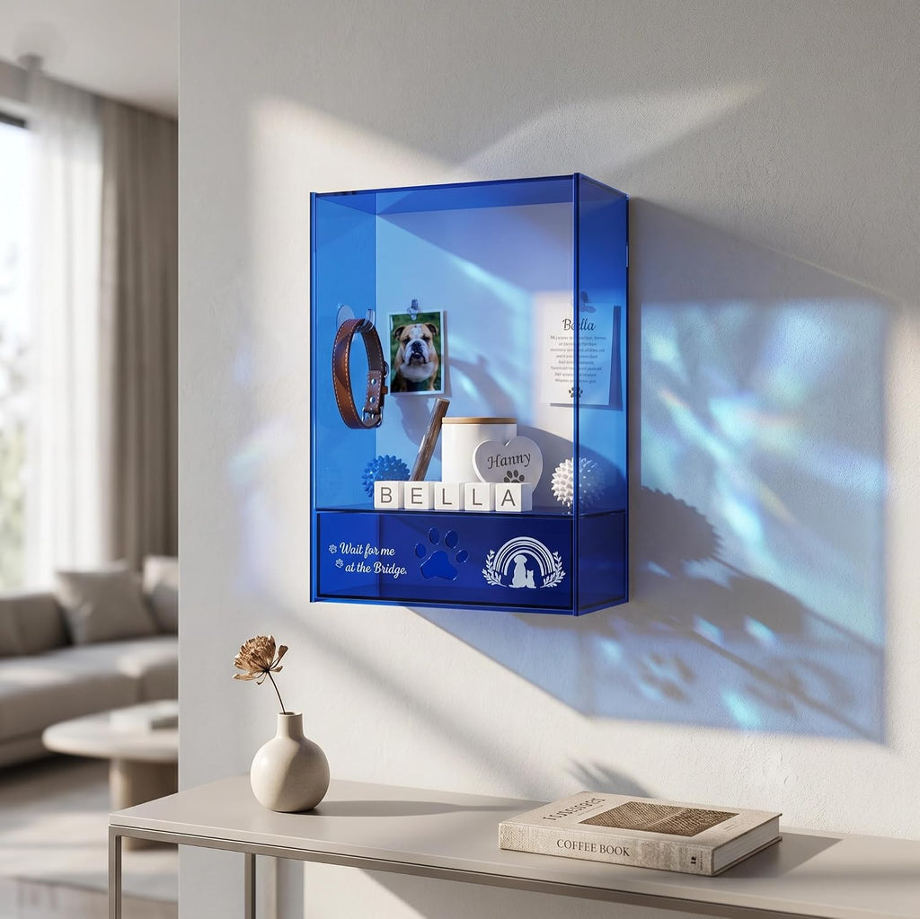 Pet Memorial Shadow Box, Modern Sapphire Blue Acrylic Memory Box for Dog & Cat Ashes, Keepsake Display Case for Photos, Collar & Paw Print, Pet Loss Sympathy Gift, 12.6 x 9.25x 4.7In