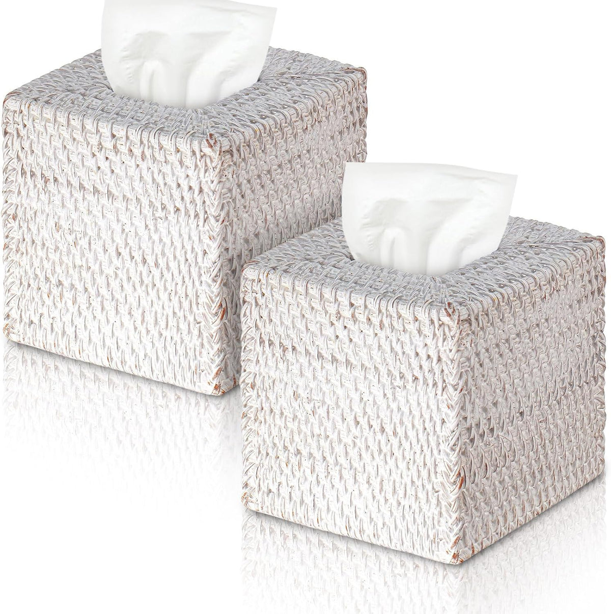 Kigley 2 Pcs Square Rattan Tissue Box Cover Boho Wicker Tissue Cube Box Cover 5.5'' x 5.5'' x 5.5'' Decorative Natural Wicker Hand Woven Napkin Box Holder Bathroom Office Car Accessories (White)
