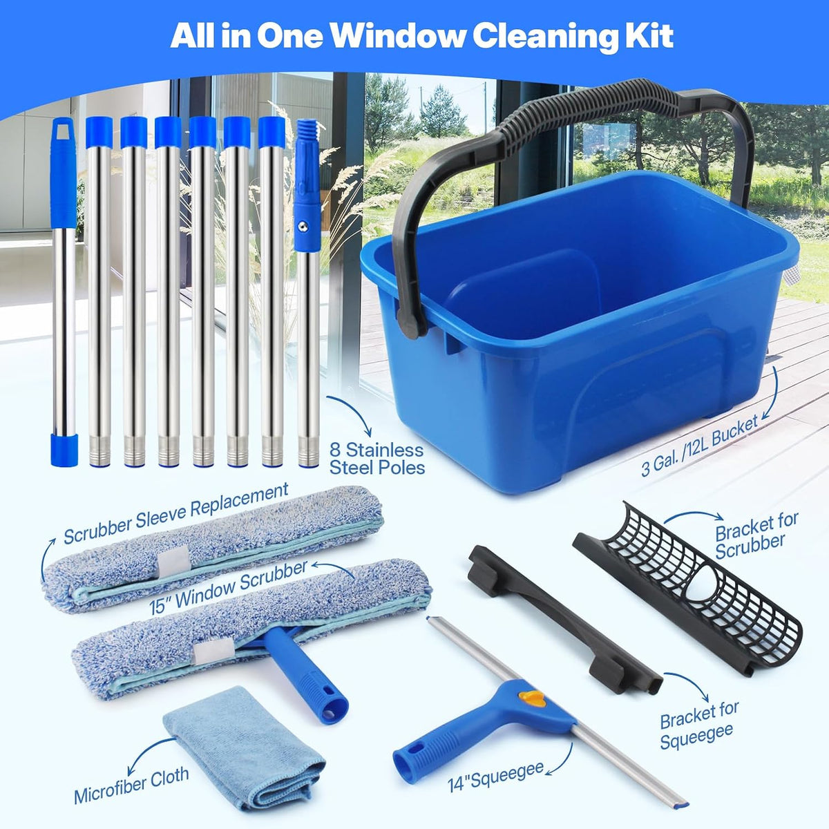 10Ft Professional Window Cleaning Kit with Bucket for Home & Commercial