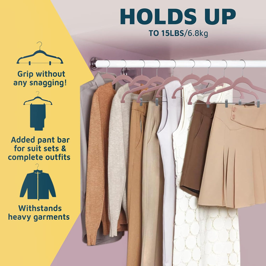 Lifemaster Velvet Pants Hangers – with Adjustable Clips, 360 Degree Swivel Hook, and Non-Slip Shoulder Notch, Holds Up to 10 lbs, for Organizing Skirt, Pants, Dress, and Clothes, Pack of 50, Pink