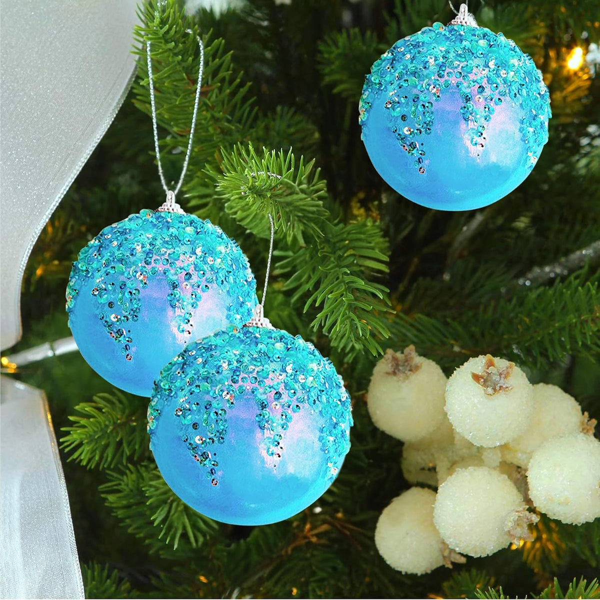 4Pcs Christmas Balls Ornaments -Shatterproof Christmas Ball for Xmas Tree Decorations Hanging,Wedding Party Holiday Decorations Fantasy Blue Glitter Ball 4in x 4 Pack