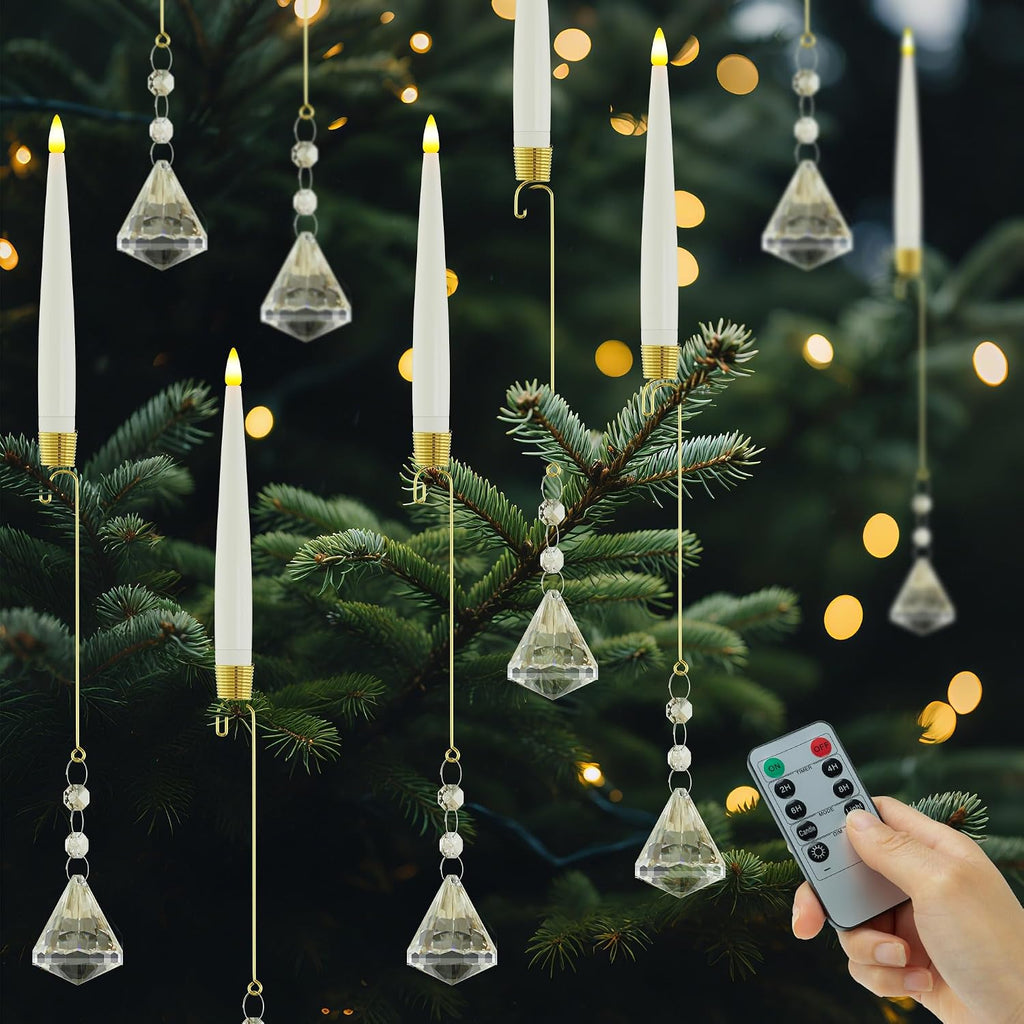Christmas Tree Candles Battery Operated with Remote, Clip on Candles with Crystal Diamond Ornaments & Hooks for Christmas Tree, Flickering LED Candlesticks for Winter New Year Home Party Decor, 10 Pcs